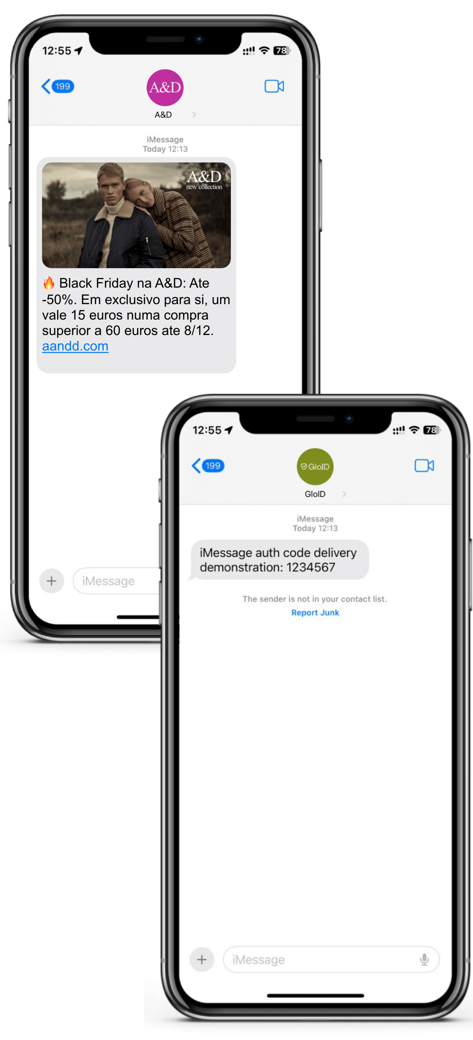 iMessage examples showing marketing campaign and OTP delivery